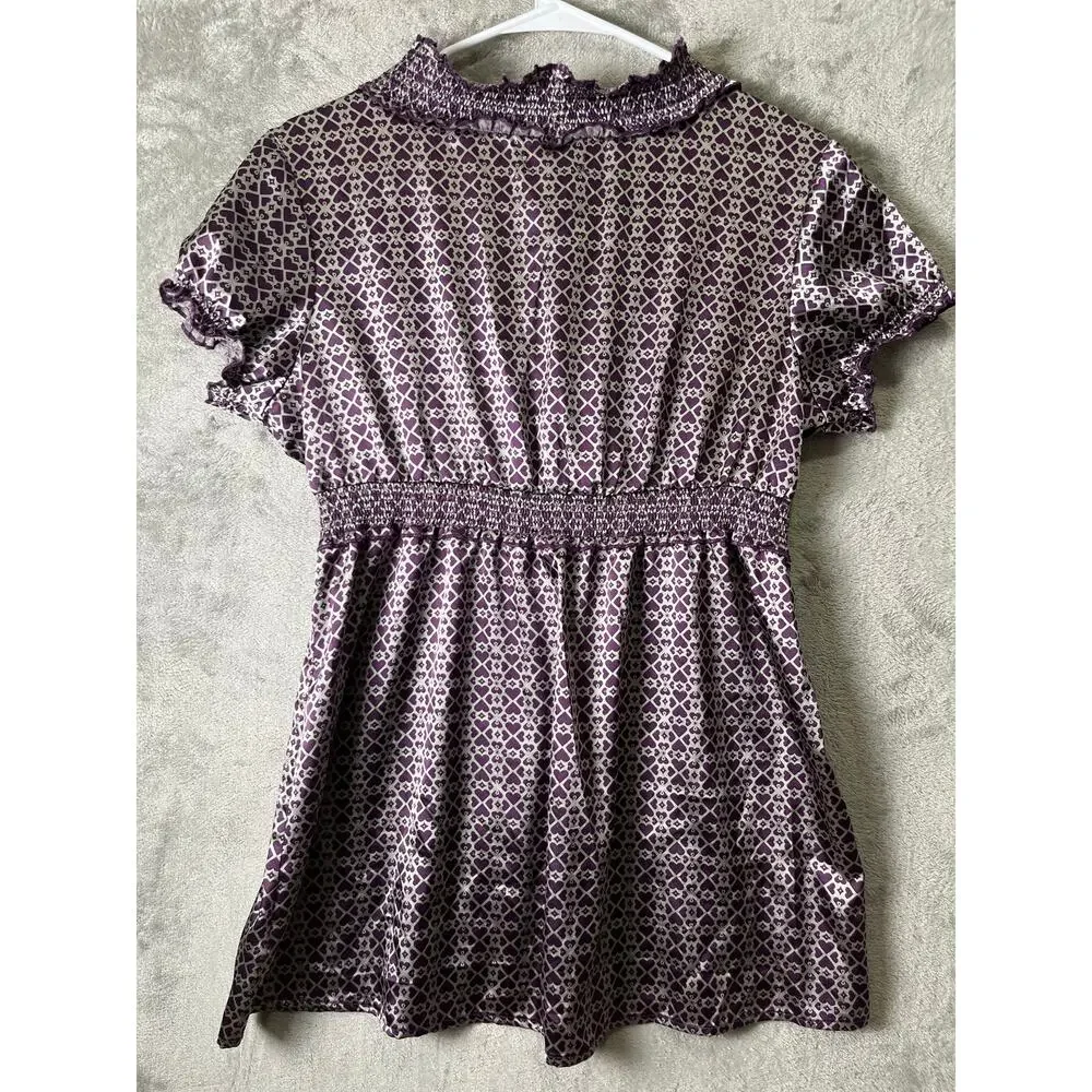 Vintage Y2K Purple Geometric Print Babydoll Top Smocked Waist Ruffle Trim Boho L - Picture 4 of 8